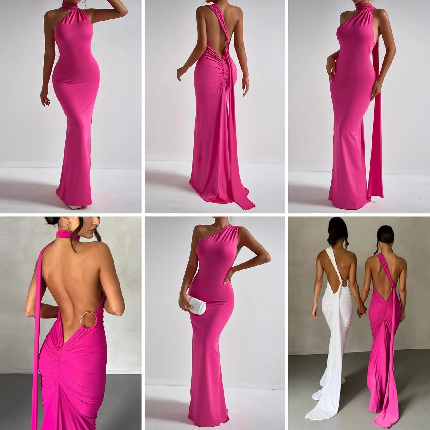 Women's Sexy One Shoulder Backless Maxi Dress Elegant Ruched O Ring Sleeveless Evening Dress Long Gown Cocktail Dress