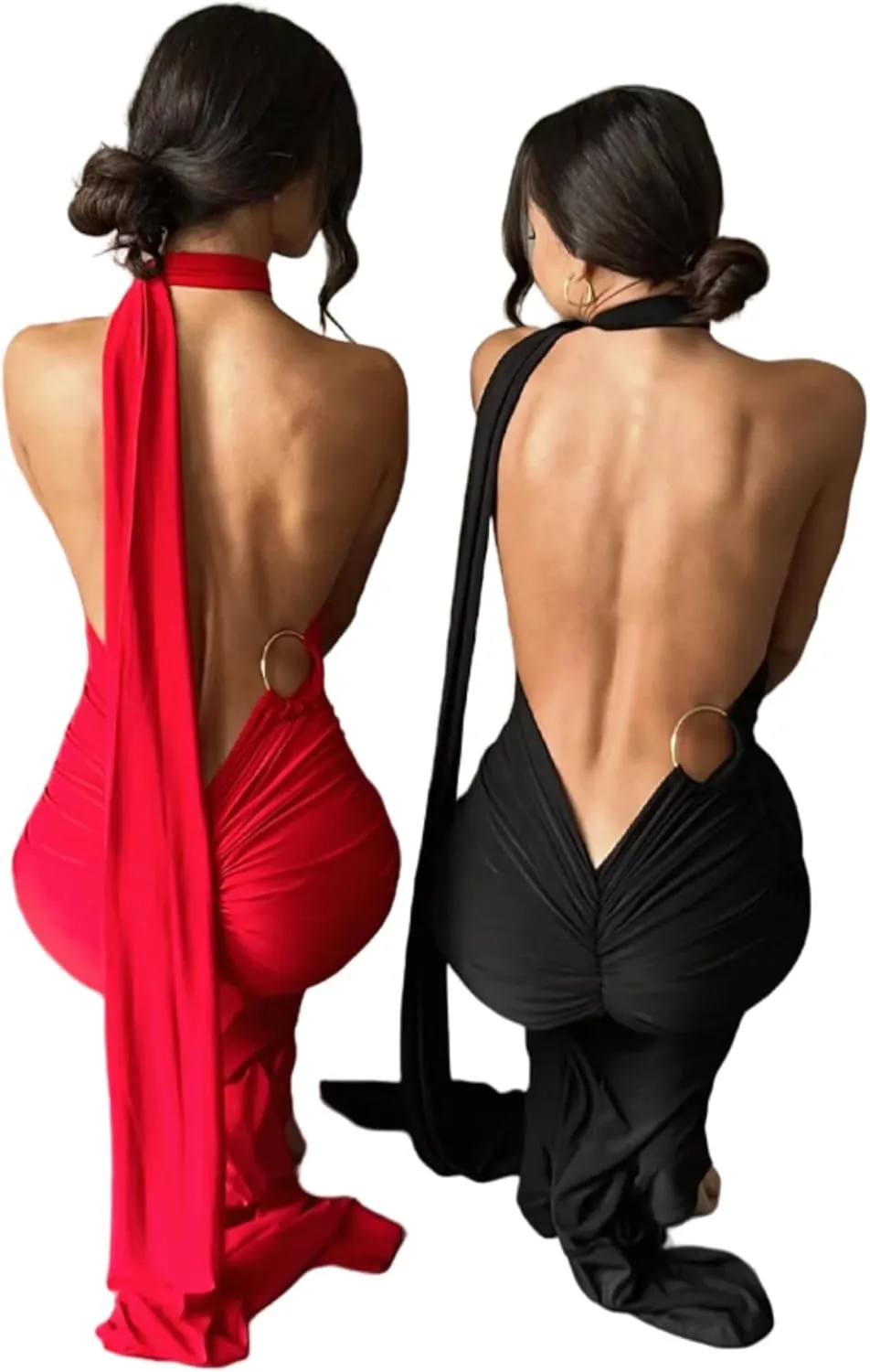 Women's Sexy One Shoulder Backless Maxi Dress Elegant Ruched O Ring Sleeveless Evening Dress Long Gown Cocktail Dress