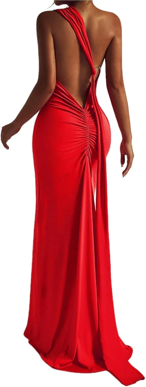 Women's Sexy One Shoulder Backless Maxi Dress Elegant Ruched O Ring Sleeveless Evening Dress Long Gown Cocktail Dress