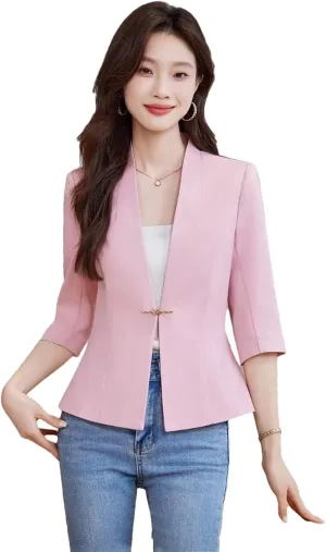 Women's Slim Fit Blazer Spring Summer Solid Color Single Button Suit Jacket Office Lady Coat Top
