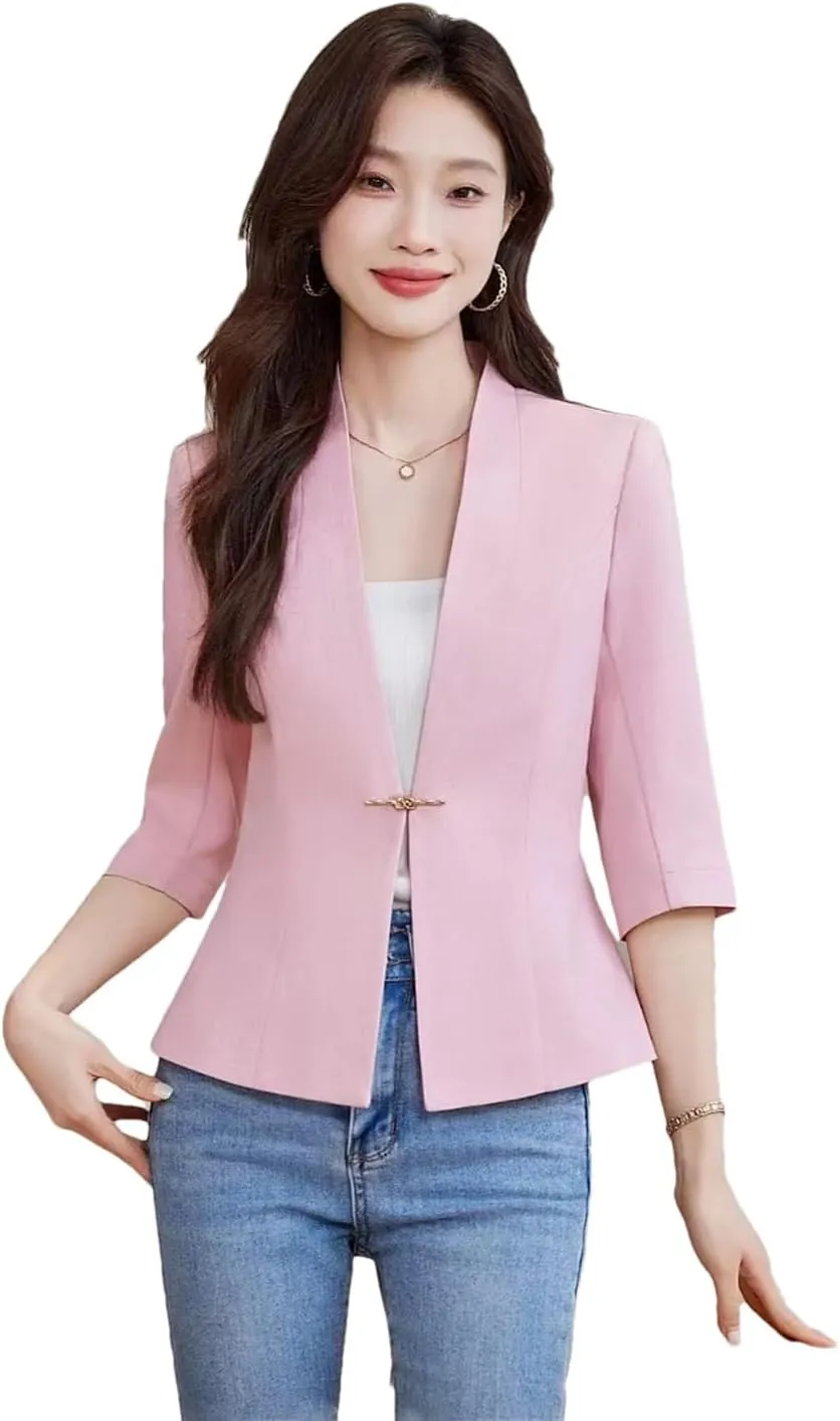 Women's Slim Fit Blazer Spring Summer Solid Color Single Button Suit Jacket Office Lady Coat Top