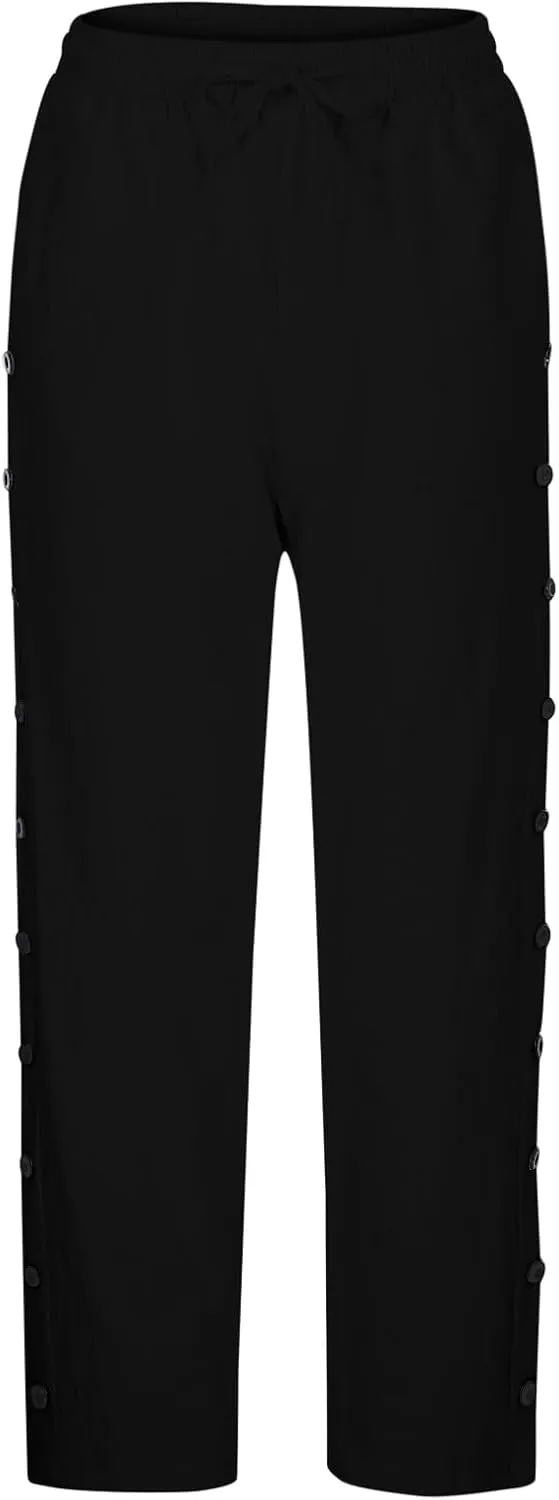 Women's Solid Color Elastic Waist Loose Side Button Decoration Versatile Nine Point Casual Pants Capris Pants