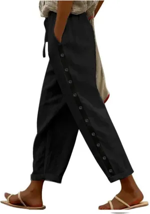 Women's Solid Color Elastic Waist Loose Side Button Decoration Versatile Nine Point Casual Pants Capris Pants
