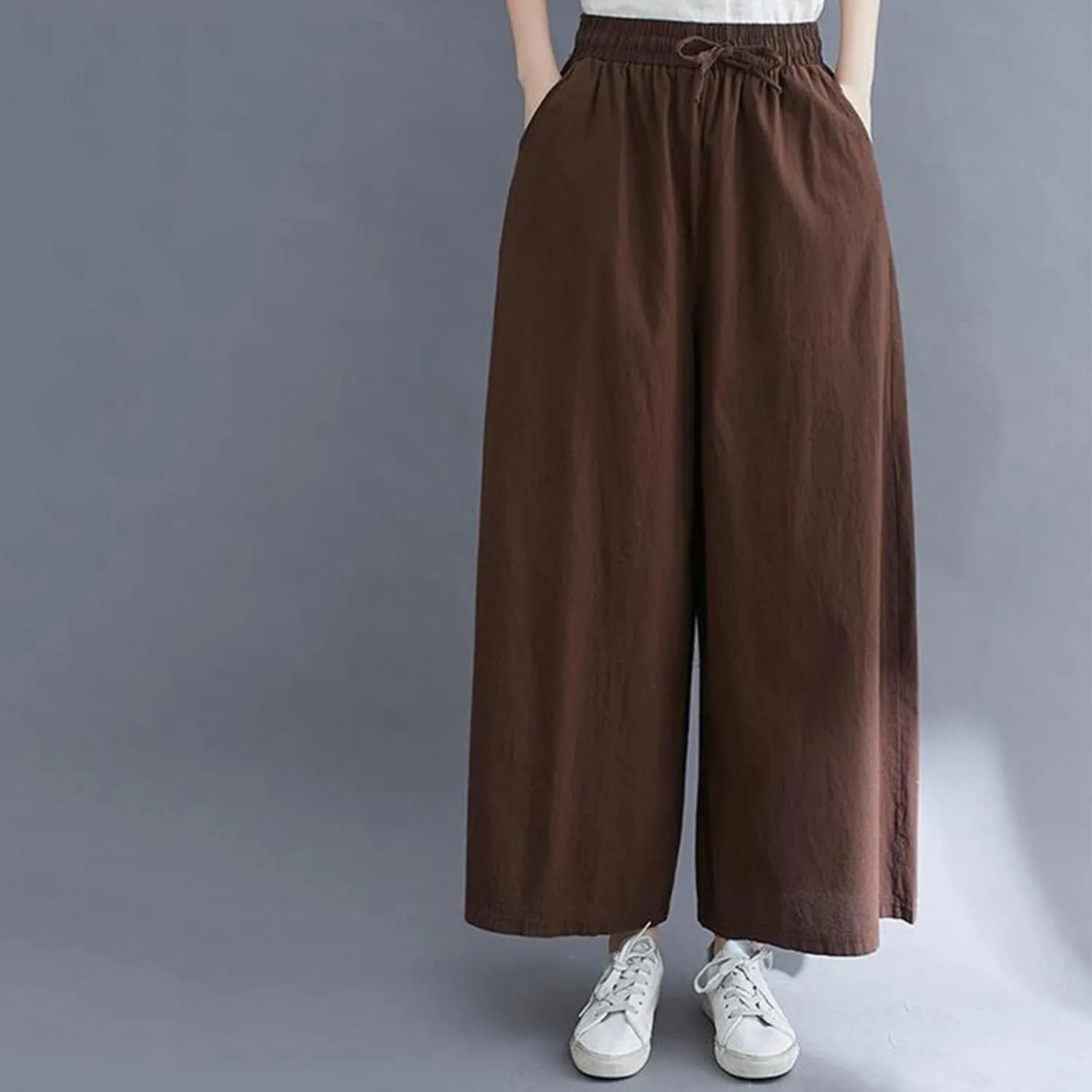 Women's Solid Straight Wide Leg Cropped Trousers Summer Lightweight Cotton Soft Comfy Plus Size Baggy Versatile Pants