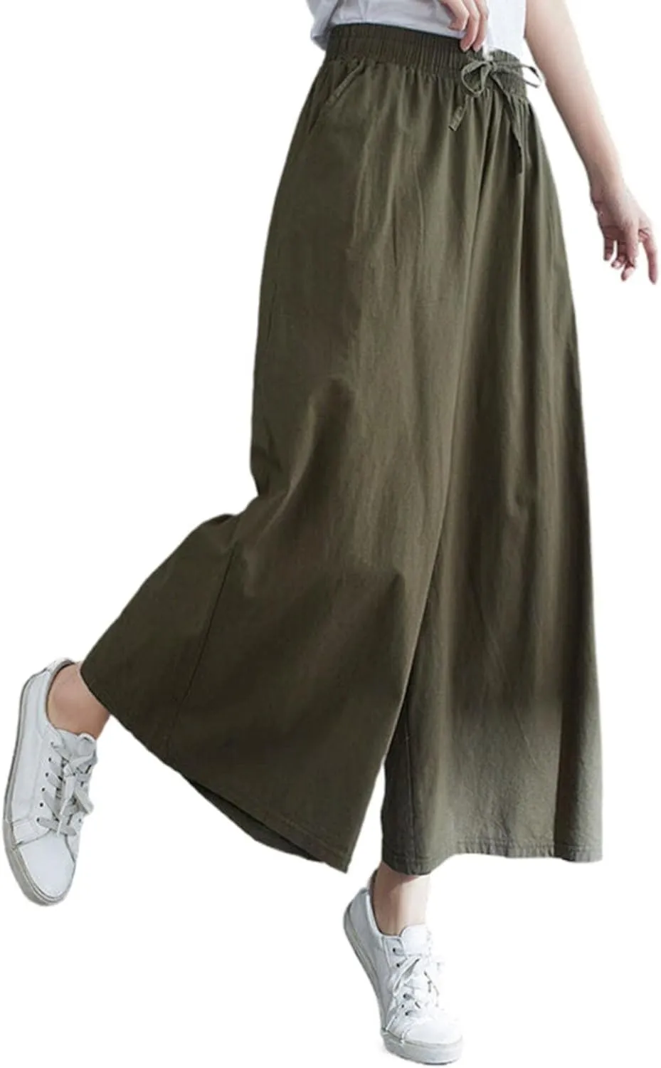 Women's Solid Straight Wide Leg Cropped Trousers Summer Lightweight Cotton Soft Comfy Plus Size Baggy Versatile Pants