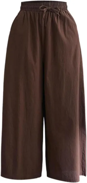 Women's Solid Straight Wide Leg Cropped Trousers Summer Lightweight Cotton Soft Comfy Plus Size Baggy Versatile Pants