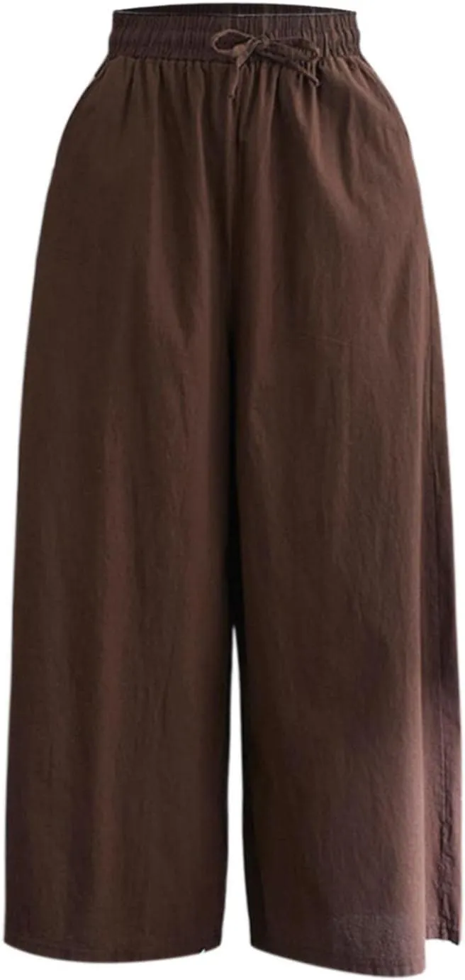 Women's Solid Straight Wide Leg Cropped Trousers Summer Lightweight Cotton Soft Comfy Plus Size Baggy Versatile Pants
