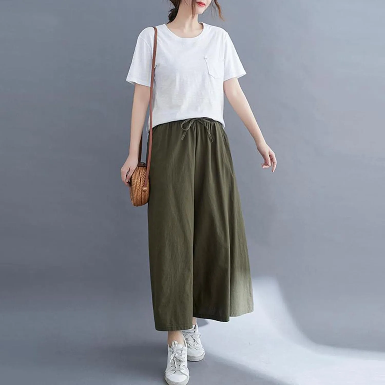 Women's Solid Straight Wide Leg Cropped Trousers Summer Lightweight Cotton Soft Comfy Plus Size Baggy Versatile Pants