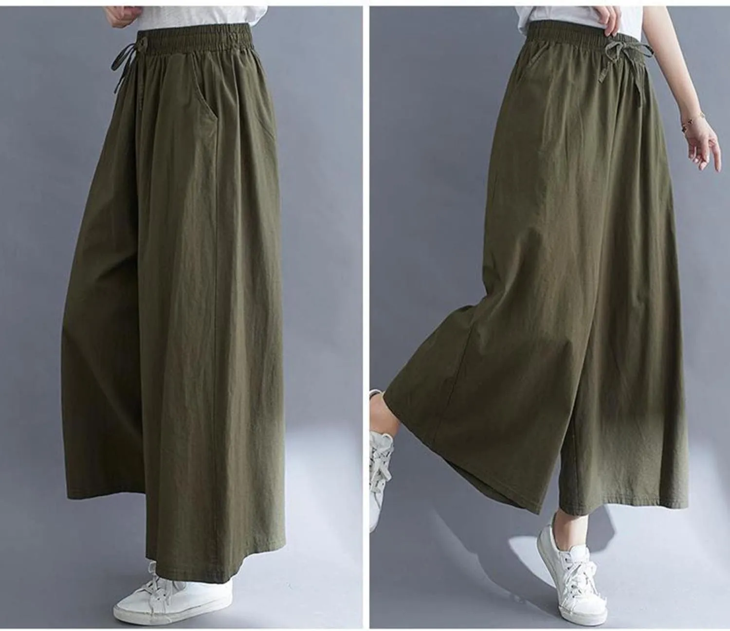 Women's Solid Straight Wide Leg Cropped Trousers Summer Lightweight Cotton Soft Comfy Plus Size Baggy Versatile Pants