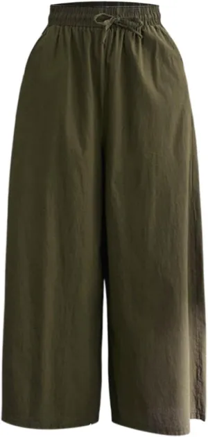 Women's Solid Straight Wide Leg Cropped Trousers Summer Lightweight Cotton Soft Comfy Plus Size Baggy Versatile Pants
