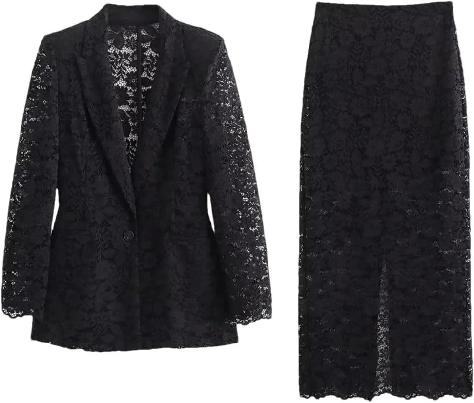 Women's Spring Lace Suit Jacket High Waisted Skirt Set