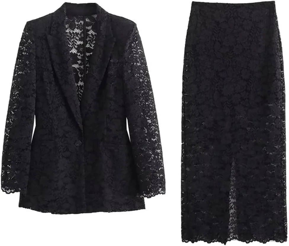 Women's Spring Lace Suit Jacket High Waisted Skirt Set