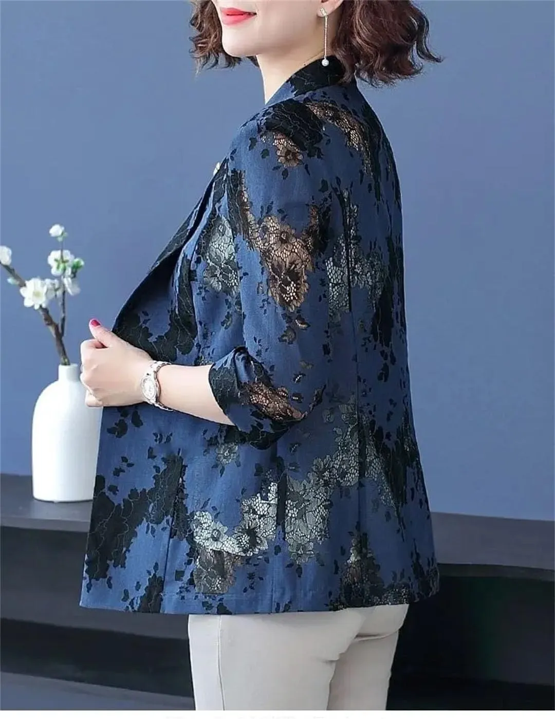 Women's Spring Summer Small Suit Jacket Lace Hollow Button Splicing 3/4 Sleeve Blazer Coat