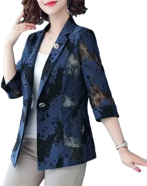 Women's Spring Summer Small Suit Jacket Lace Hollow Button Splicing 3/4 Sleeve Blazer Coat