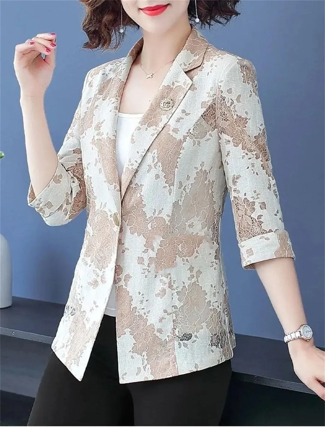 Women's Spring Summer Small Suit Jacket Lace Hollow Button Splicing 3/4 Sleeve Blazer Coat