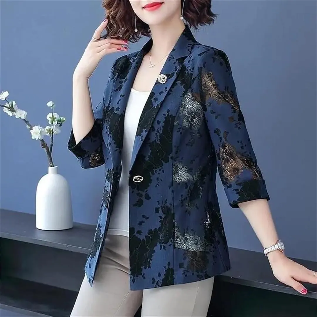 Women's Spring Summer Small Suit Jacket Lace Hollow Button Splicing 3/4 Sleeve Blazer Coat