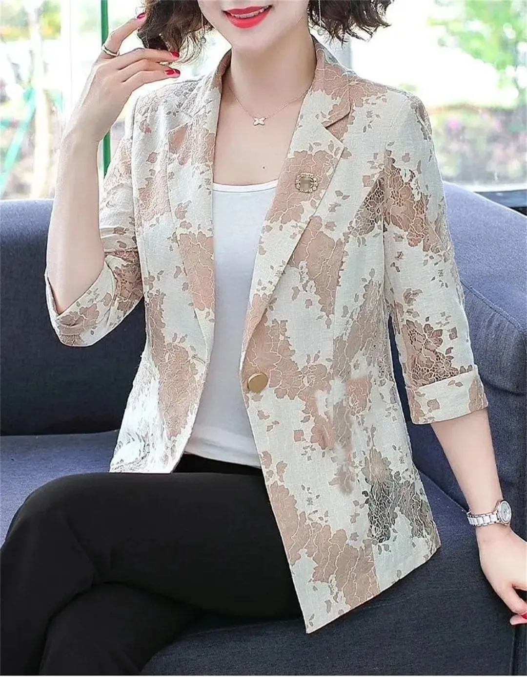 Women's Spring Summer Small Suit Jacket Lace Hollow Button Splicing 3/4 Sleeve Blazer Coat