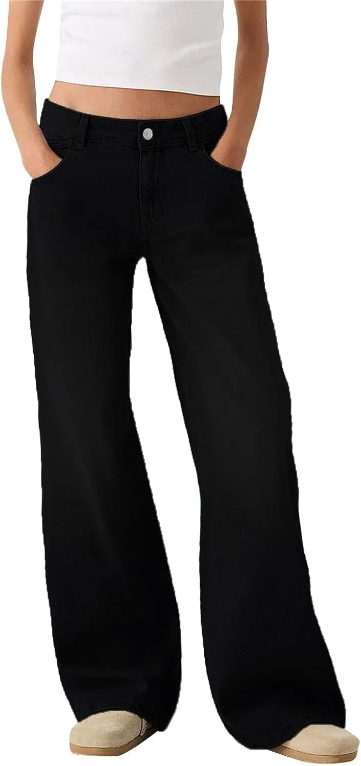 Womens Straight Leg Jeans High Waisted Baggy Jeans Wide Leg Stretchy Trendy Denim Pants with Pockets