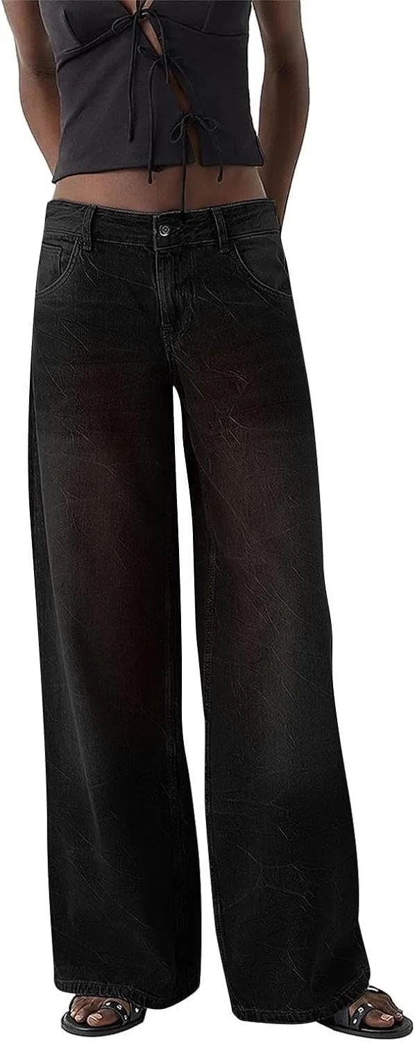 Womens Straight Leg Jeans High Waisted Baggy Jeans Wide Leg Stretchy Trendy Denim Pants with Pockets