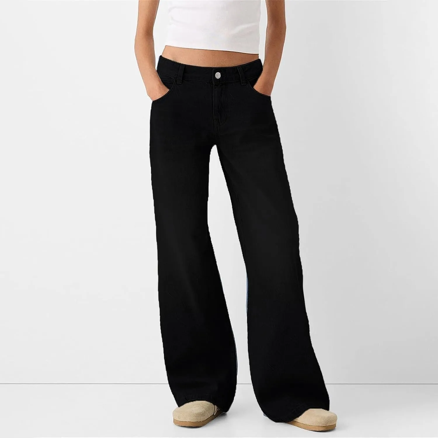 Womens Straight Leg Jeans High Waisted Baggy Jeans Wide Leg Stretchy Trendy Denim Pants with Pockets
