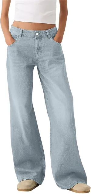Womens Straight Leg Jeans High Waisted Baggy Jeans Wide Leg Stretchy Trendy Denim Pants with Pockets