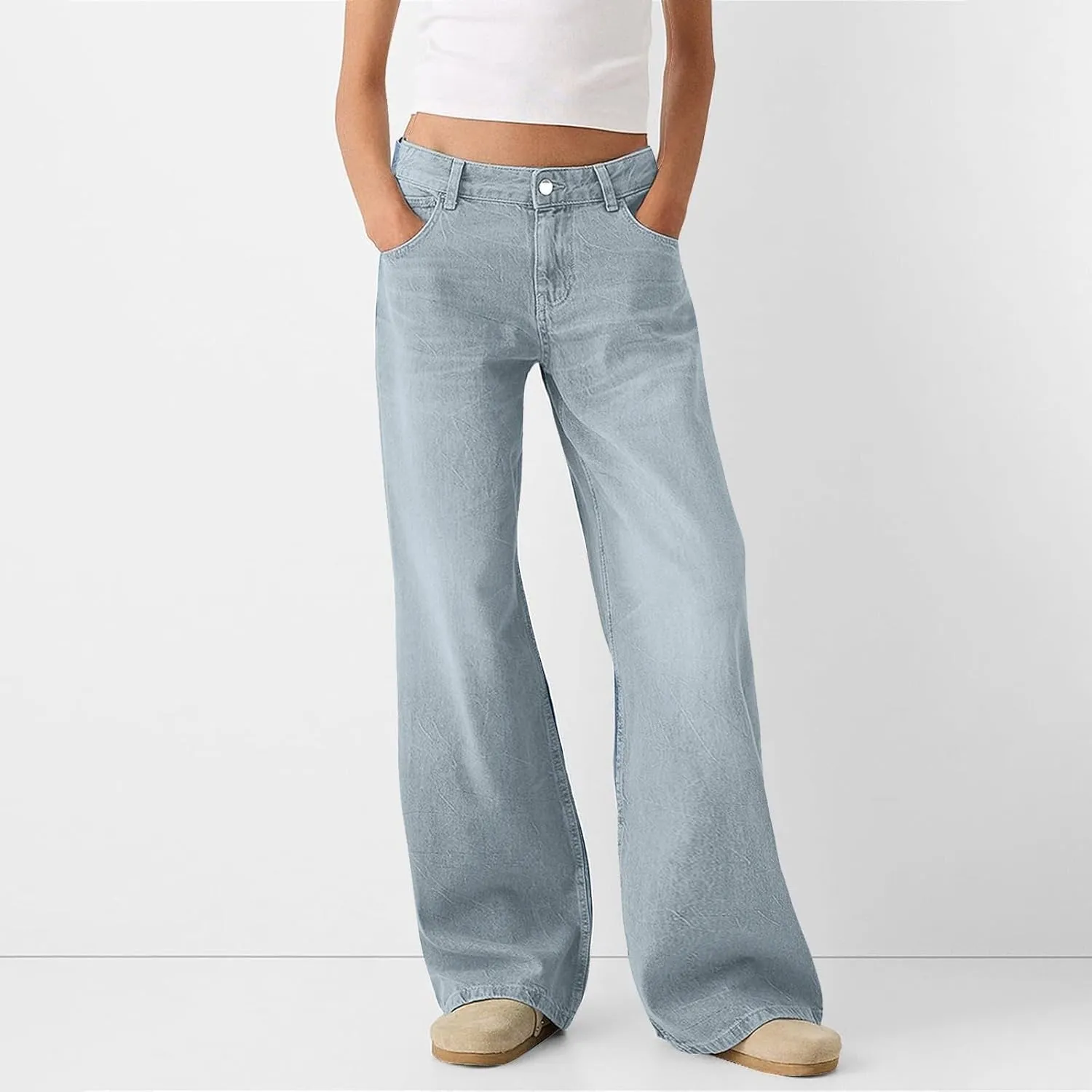 Womens Straight Leg Jeans High Waisted Baggy Jeans Wide Leg Stretchy Trendy Denim Pants with Pockets
