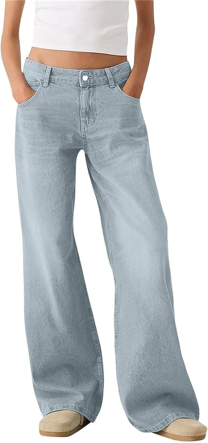 Womens Straight Leg Jeans High Waisted Baggy Jeans Wide Leg Stretchy Trendy Denim Pants with Pockets