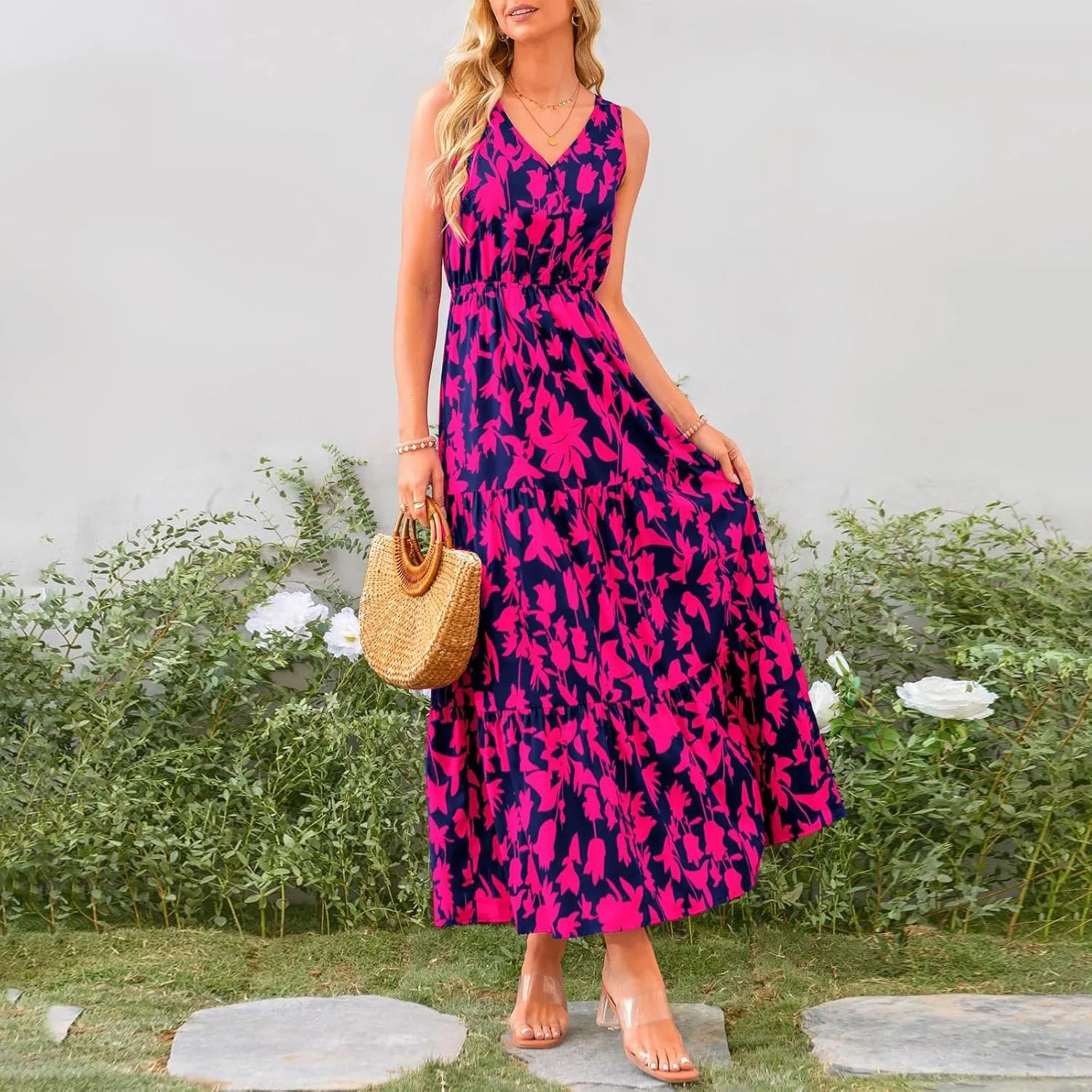 Womens Summer Floral Maxi Dress Sleeveless Wrap V Neck Flowy Dress Boho Elegant Beach Long Dress Wedding Guest Dress