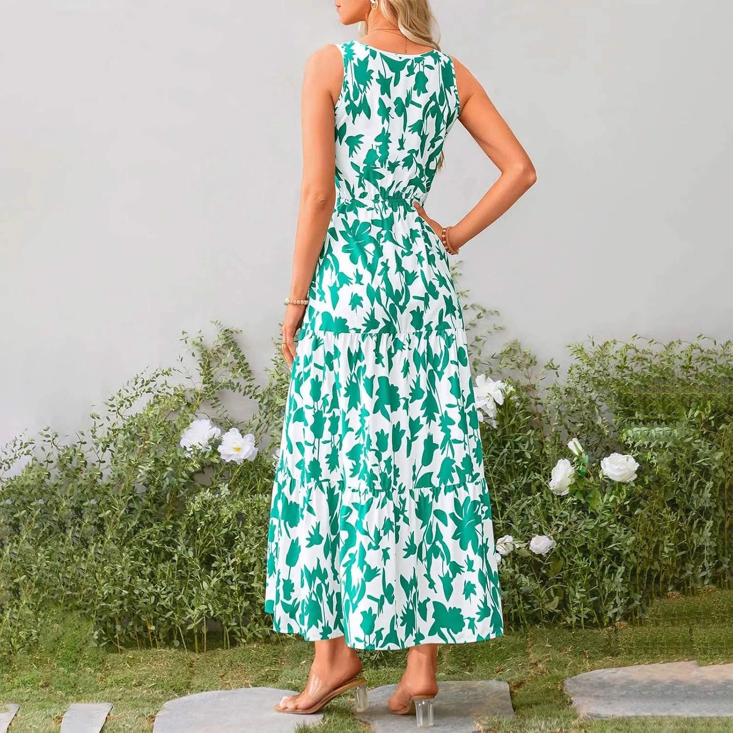 Womens Summer Floral Maxi Dress Sleeveless Wrap V Neck Flowy Dress Boho Elegant Beach Long Dress Wedding Guest Dress