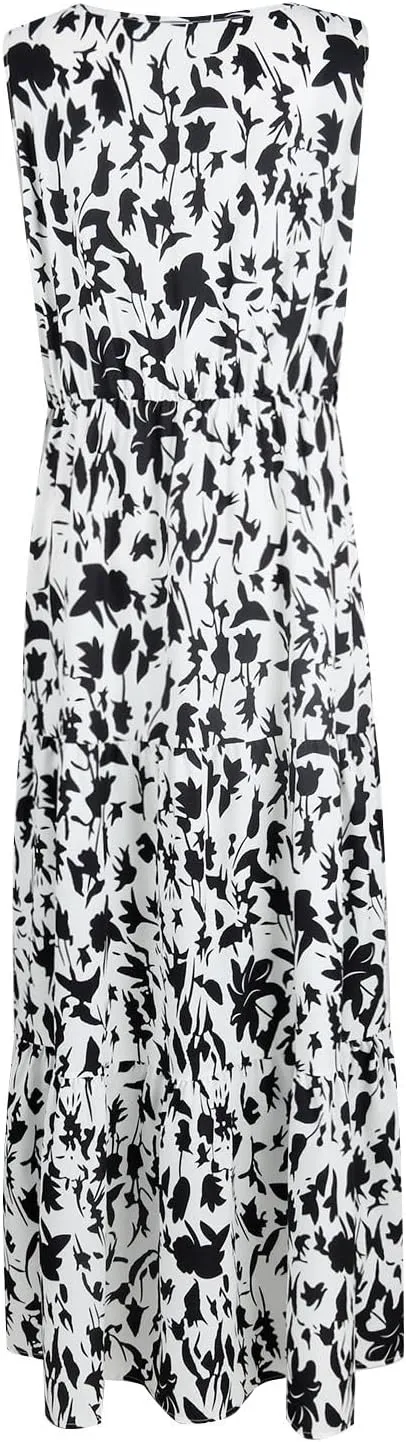 Womens Summer Floral Maxi Dress Sleeveless Wrap V Neck Flowy Dress Boho Elegant Beach Long Dress Wedding Guest Dress