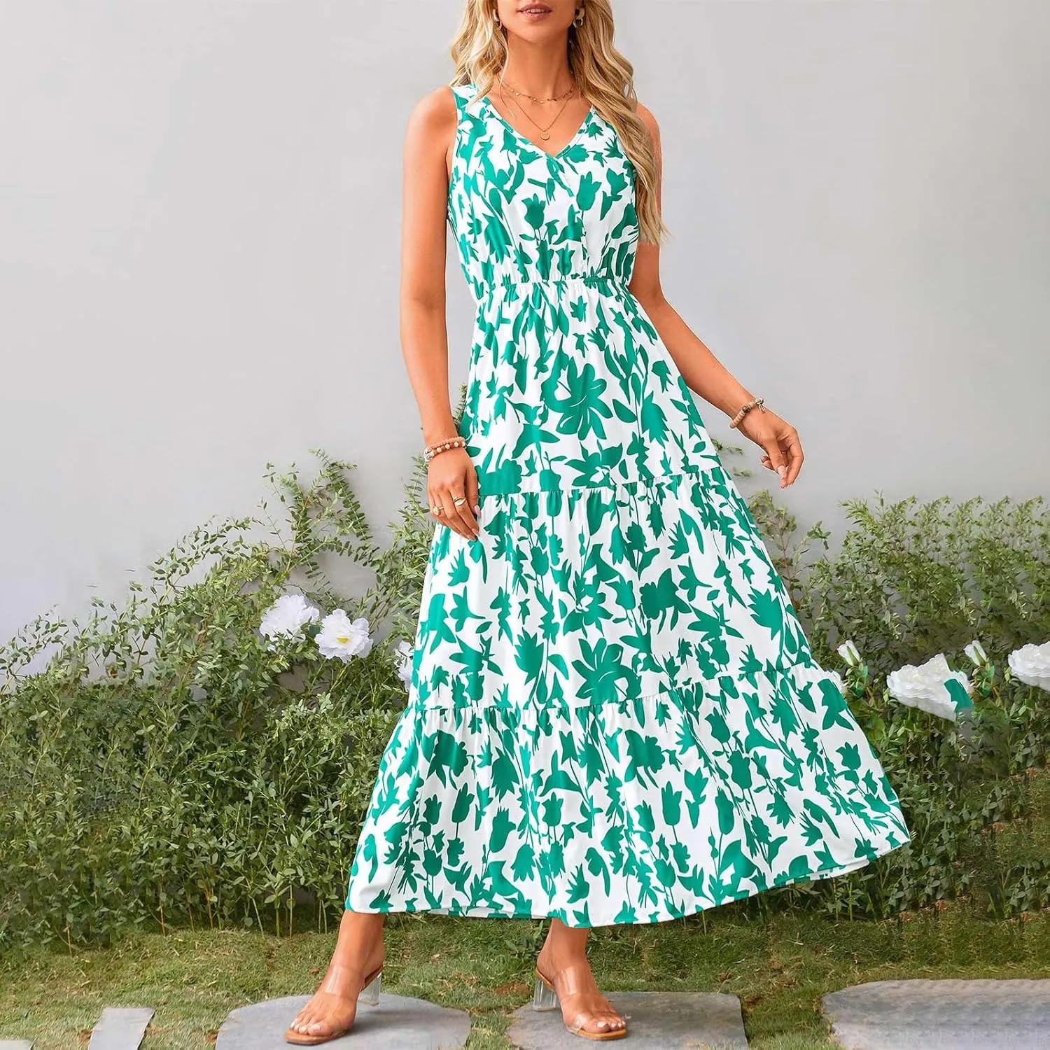 Womens Summer Floral Maxi Dress Sleeveless Wrap V Neck Flowy Dress Boho Elegant Beach Long Dress Wedding Guest Dress