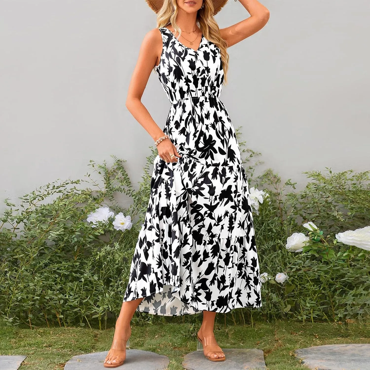 Womens Summer Floral Maxi Dress Sleeveless Wrap V Neck Flowy Dress Boho Elegant Beach Long Dress Wedding Guest Dress