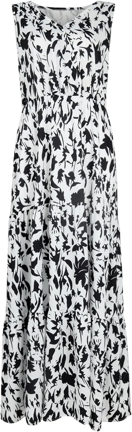 Womens Summer Floral Maxi Dress Sleeveless Wrap V Neck Flowy Dress Boho Elegant Beach Long Dress Wedding Guest Dress