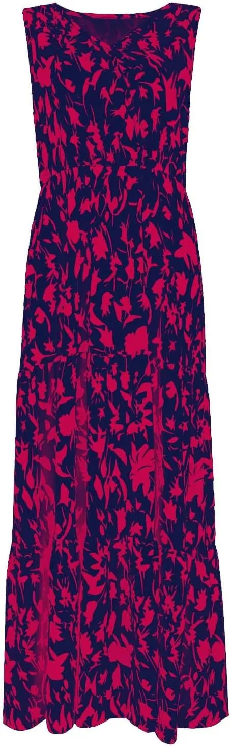 Womens Summer Floral Maxi Dress Sleeveless Wrap V Neck Flowy Dress Boho Elegant Beach Long Dress Wedding Guest Dress