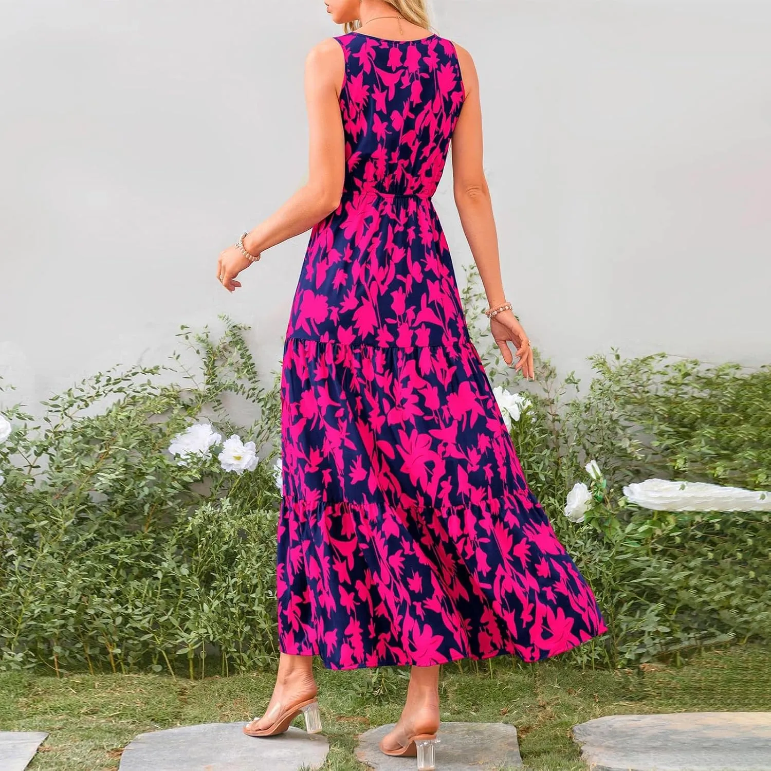 Womens Summer Floral Maxi Dress Sleeveless Wrap V Neck Flowy Dress Boho Elegant Beach Long Dress Wedding Guest Dress