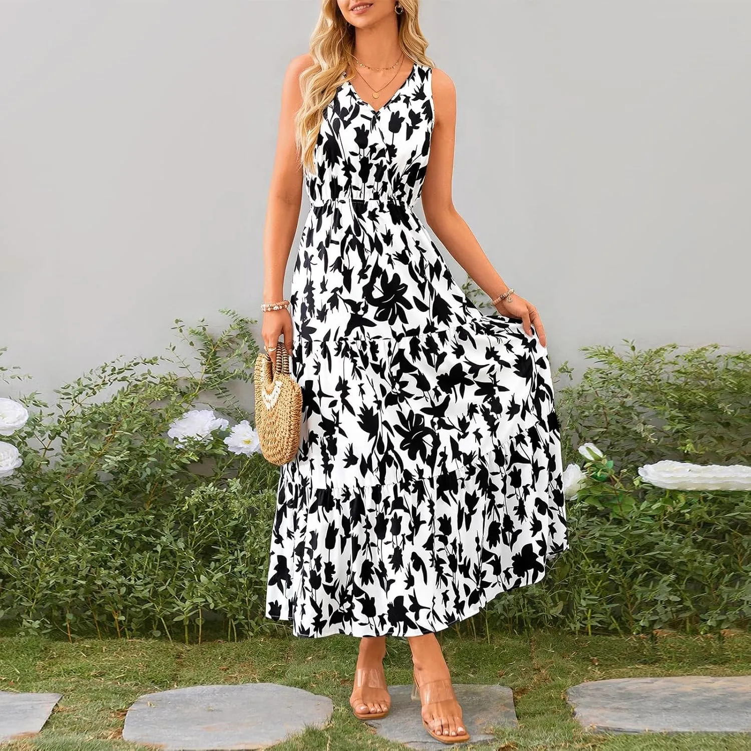 Womens Summer Floral Maxi Dress Sleeveless Wrap V Neck Flowy Dress Boho Elegant Beach Long Dress Wedding Guest Dress