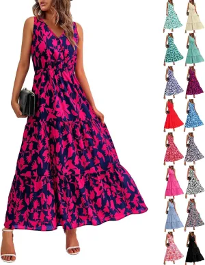Womens Summer Floral Maxi Dress Sleeveless Wrap V Neck Flowy Dress Boho Elegant Beach Long Dress Wedding Guest Dress