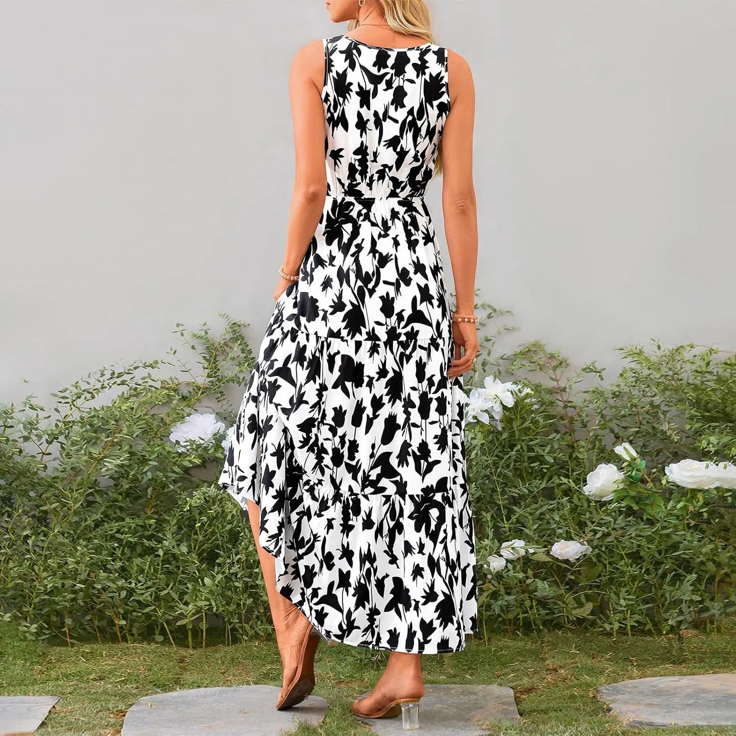 Womens Summer Floral Maxi Dress Sleeveless Wrap V Neck Flowy Dress Boho Elegant Beach Long Dress Wedding Guest Dress