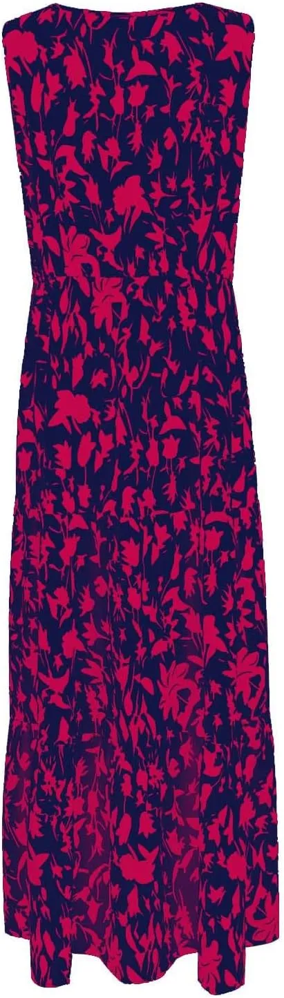 Womens Summer Floral Maxi Dress Sleeveless Wrap V Neck Flowy Dress Boho Elegant Beach Long Dress Wedding Guest Dress