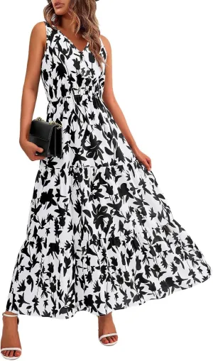 Womens Summer Floral Maxi Dress Sleeveless Wrap V Neck Flowy Dress Boho Elegant Beach Long Dress Wedding Guest Dress