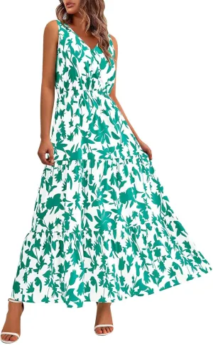 Womens Summer Floral Maxi Dress Sleeveless Wrap V Neck Flowy Dress Boho Elegant Beach Long Dress Wedding Guest Dress