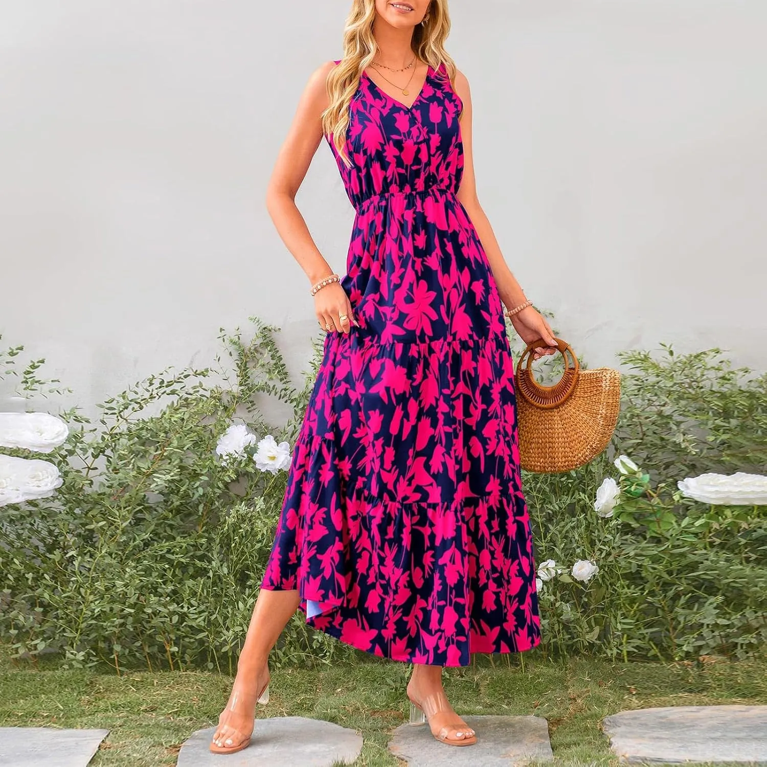 Womens Summer Floral Maxi Dress Sleeveless Wrap V Neck Flowy Dress Boho Elegant Beach Long Dress Wedding Guest Dress
