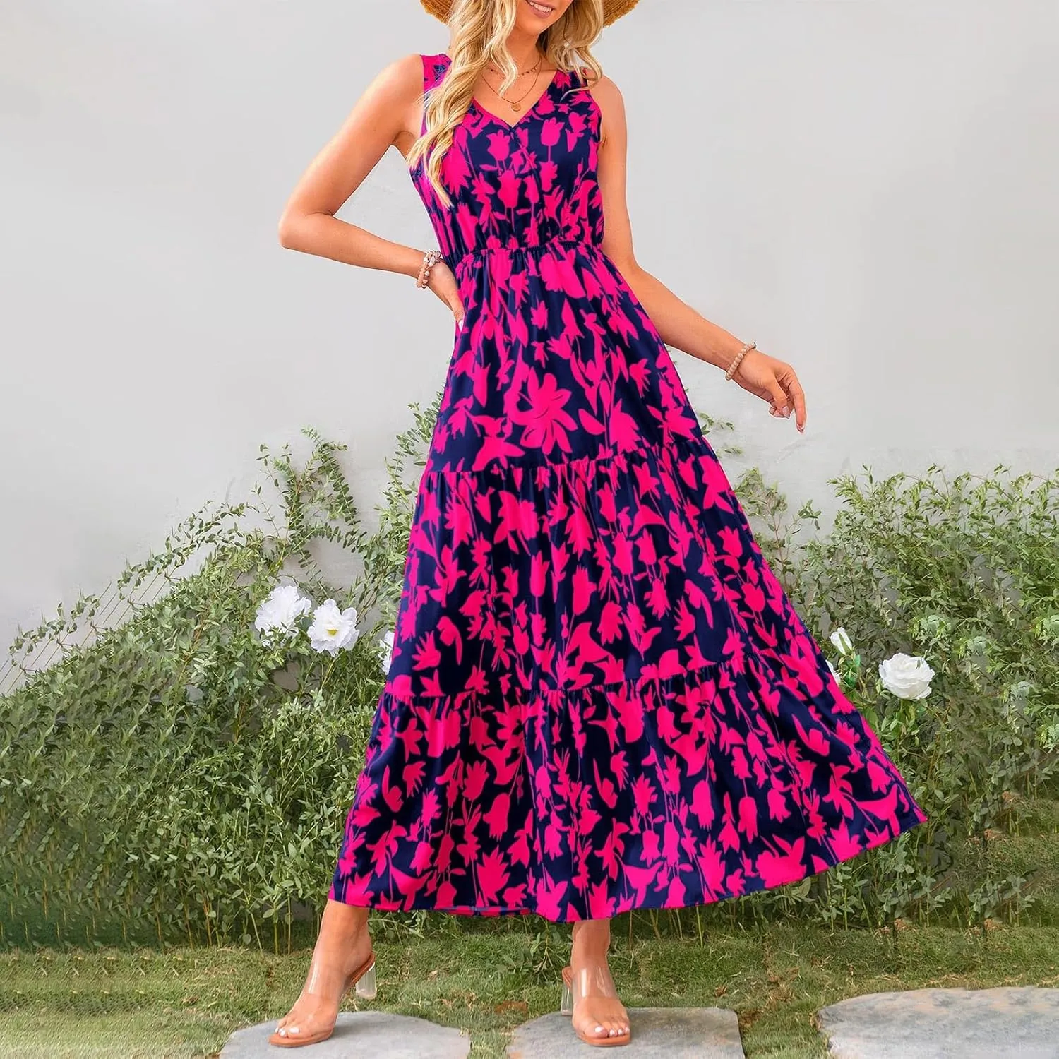 Womens Summer Floral Maxi Dress Sleeveless Wrap V Neck Flowy Dress Boho Elegant Beach Long Dress Wedding Guest Dress