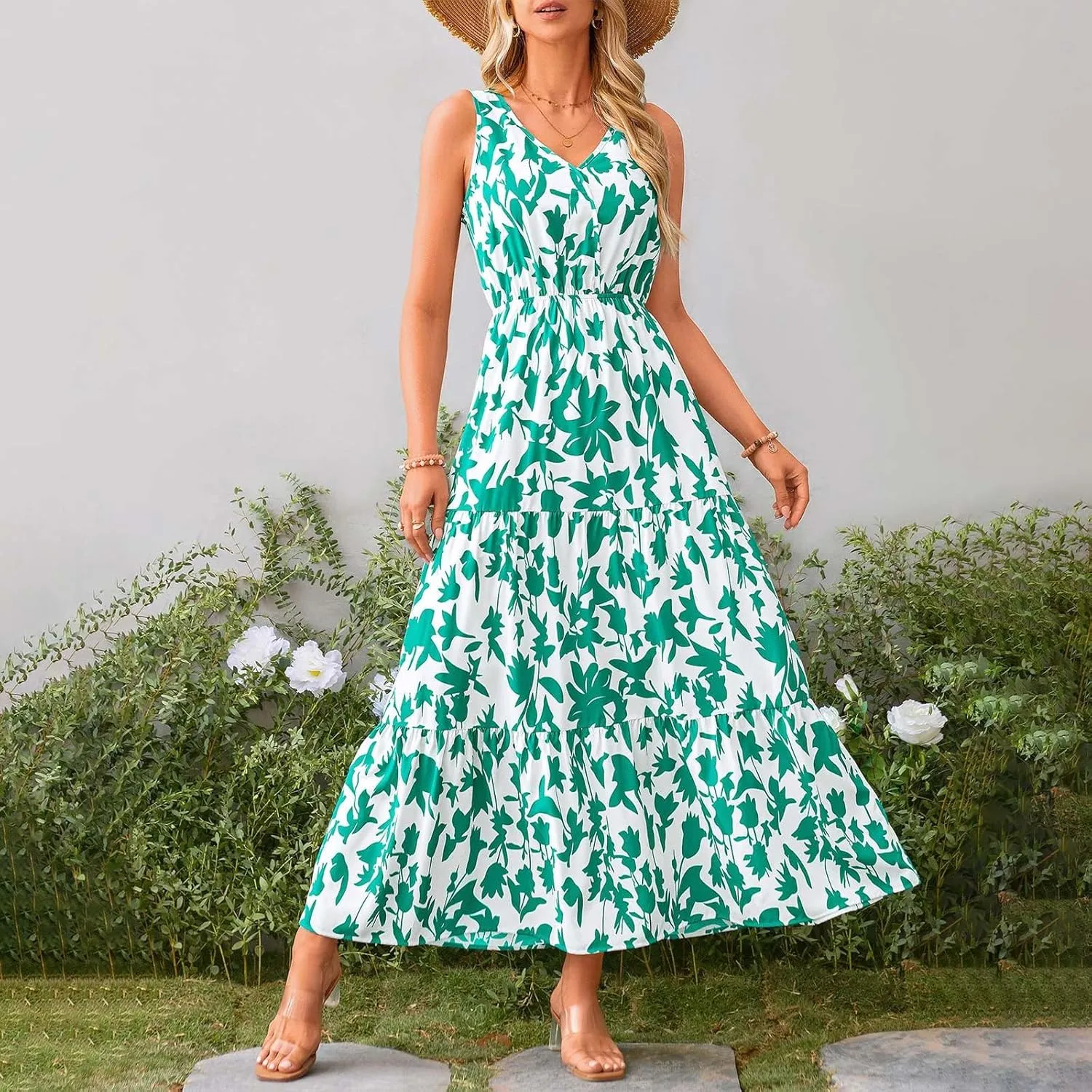 Womens Summer Floral Maxi Dress Sleeveless Wrap V Neck Flowy Dress Boho Elegant Beach Long Dress Wedding Guest Dress