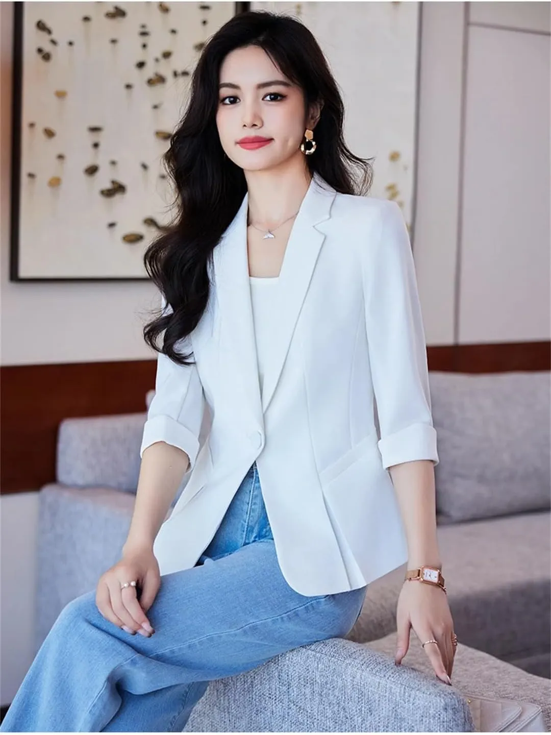 Women's Summer Half Sleeve Slim Cropped Blazer Jacket