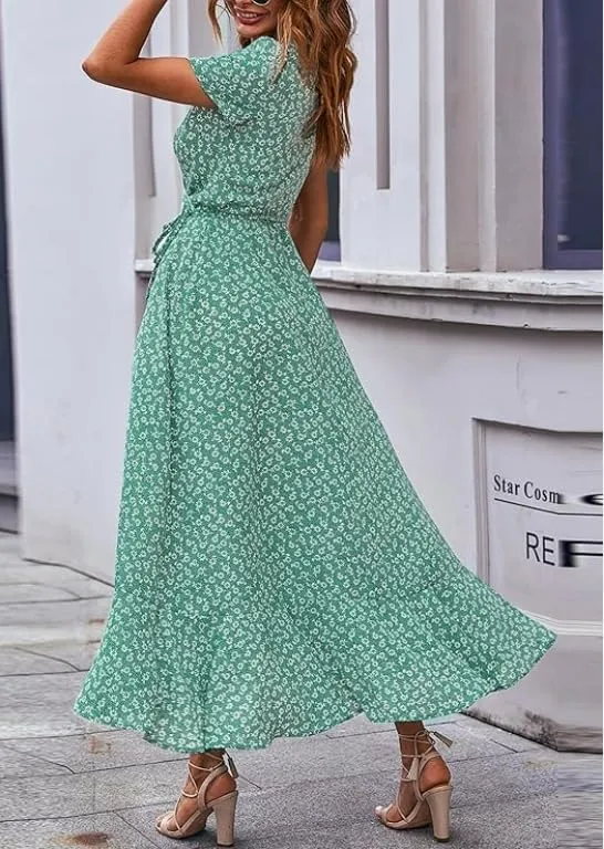 Women's Summer V-Neck Floral Waist Belt Long Skirt Casual Short Sleeved Pleated Hem Split Beach Skirt