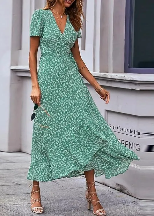 Women's Summer V-Neck Floral Waist Belt Long Skirt Casual Short Sleeved Pleated Hem Split Beach Skirt