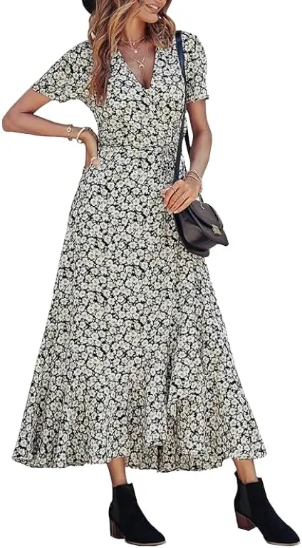 Women's Summer V-Neck Floral Waist Belt Long Skirt Casual Short Sleeved Pleated Hem Split Beach Skirt