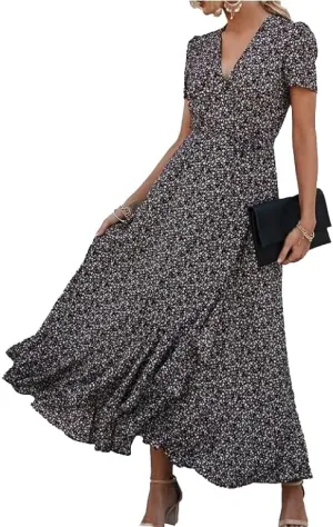 Women's Summer V-Neck Floral Waist Belt Long Skirt Casual Short Sleeved Pleated Hem Split Beach Skirt