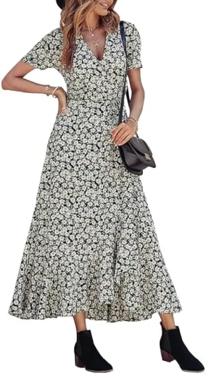 Women's Summer V-Neck Floral Waist Belt Long Skirt Casual Short Sleeved Pleated Hem Split Beach Skirt